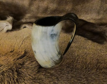 Load image into Gallery viewer, Drinking-horn-mug-handle-viking-Egil-replica-runes-light
