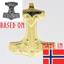 Load image into Gallery viewer, gold-thors-hammer-necklace-mjolnir-pendant-viking-age-replica-archeology-skane-kabbarp
