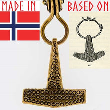 Load image into Gallery viewer, thors-hammer-necklace-mjolnir-pendant-viking-age-replica-archeology-slottsmollan-bronze
